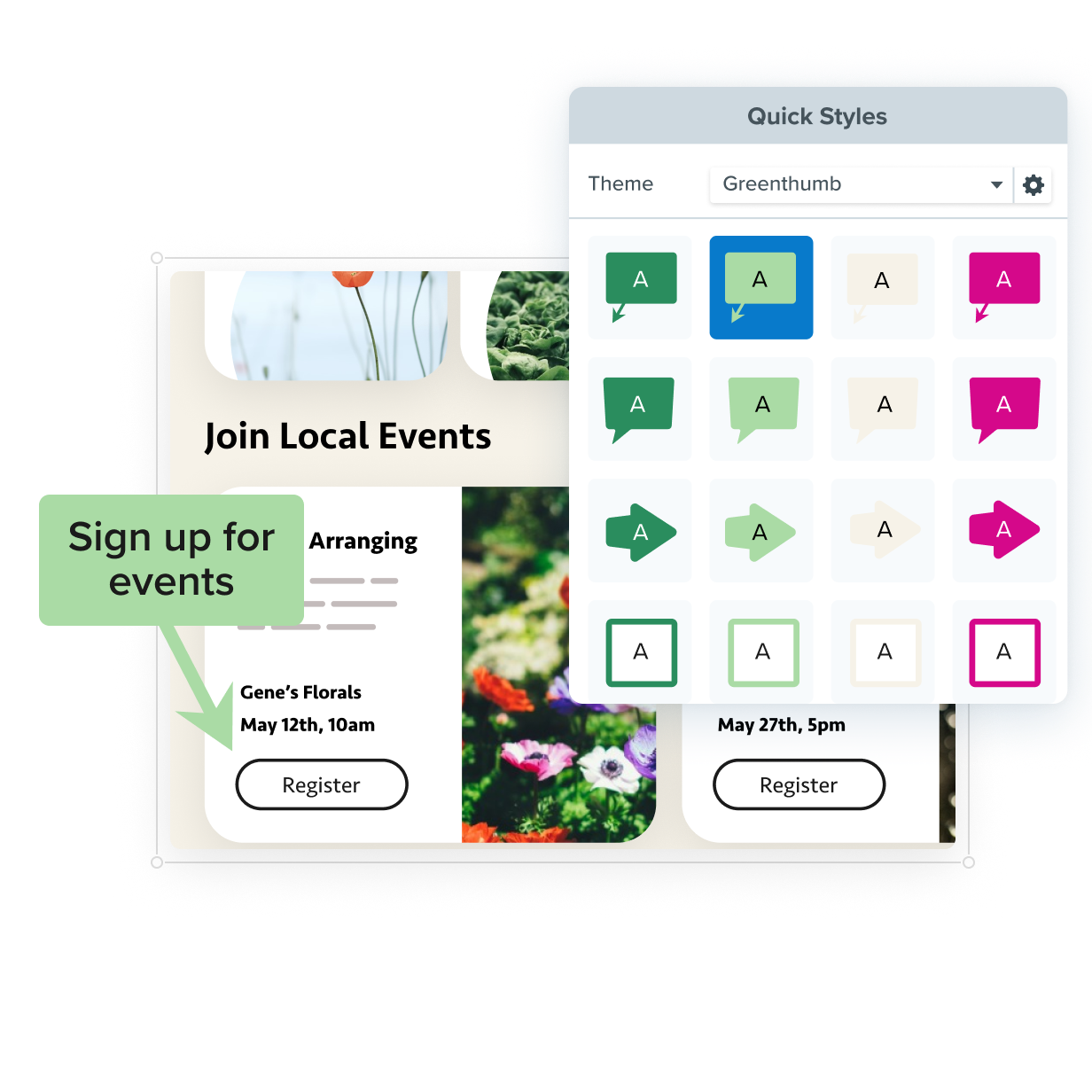 Visual of Snagit UI demonstrating how to add branded callouts to screenshots. The "Join Local Events" section is shown with event details and a "Register" button, while the "Quick Styles" panel displays various callout styles themed to match the Greenthumb brand.