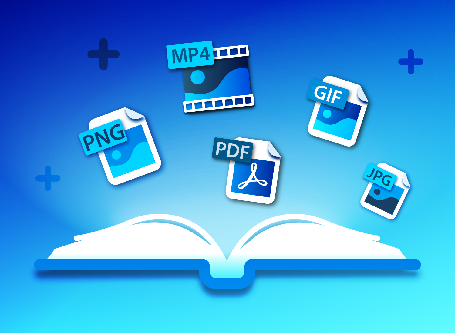 An open book with various file formats floating above it, including PNG, MP4, PDF, GIF, and JPG.