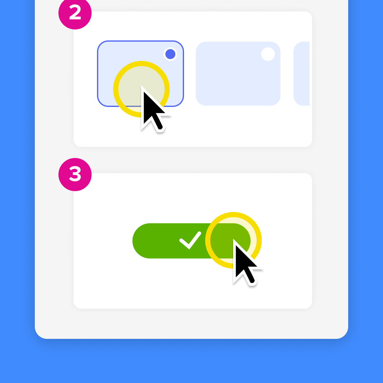 yellow circles around cursor showing clicks through a process. with a click on a green checkbox